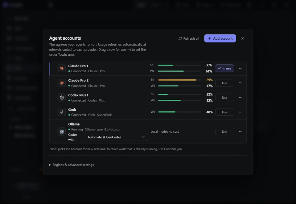 The Towfu Agent accounts dialog listing Claude Pro 1, Claude Pro 2, Codex Plus 1, Grok and Ollama. Each row shows its connection state, plan and its 5-hour and weekly usage, with a Use button to choose the account for new sessions.