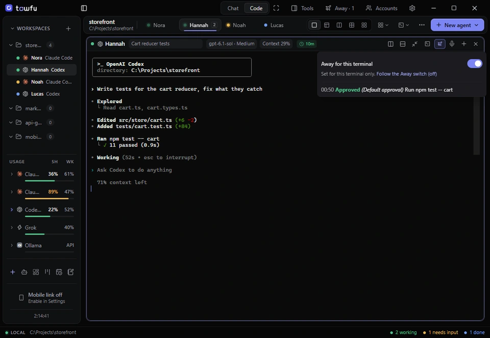 A Towfu terminal running Codex with the Away for this terminal switch turned on. A log line shows an approval at 00:50, Approved (Default approval), for the command npm test -- cart.
