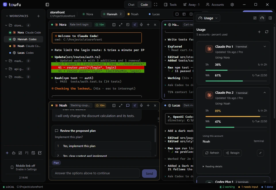 Towfu with its Usage panel open beside four agent terminals. Claude Pro 1 shows 36 percent of its 5-hour limit and 61 percent of its weekly limit; Claude Pro 2 shows 89 and 47 percent, each with a reset time.