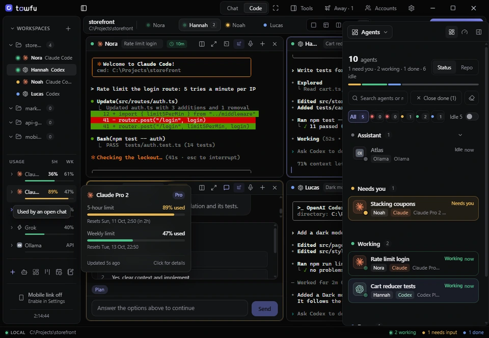 Towfu with a hover card over the Claude Pro 2 account: 5-hour limit 89 percent used, resets in about two hours, weekly limit 47 percent used with its reset time. The Agents panel is open beside four terminals.