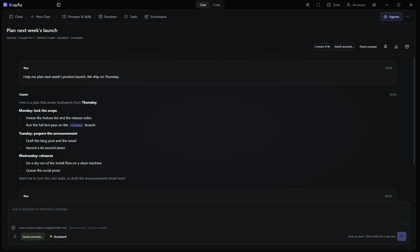 Towfu's Chat page: a conversation with the assistant about planning a launch, with formatted lists, and a mode picker set to Assistant next to the message box.