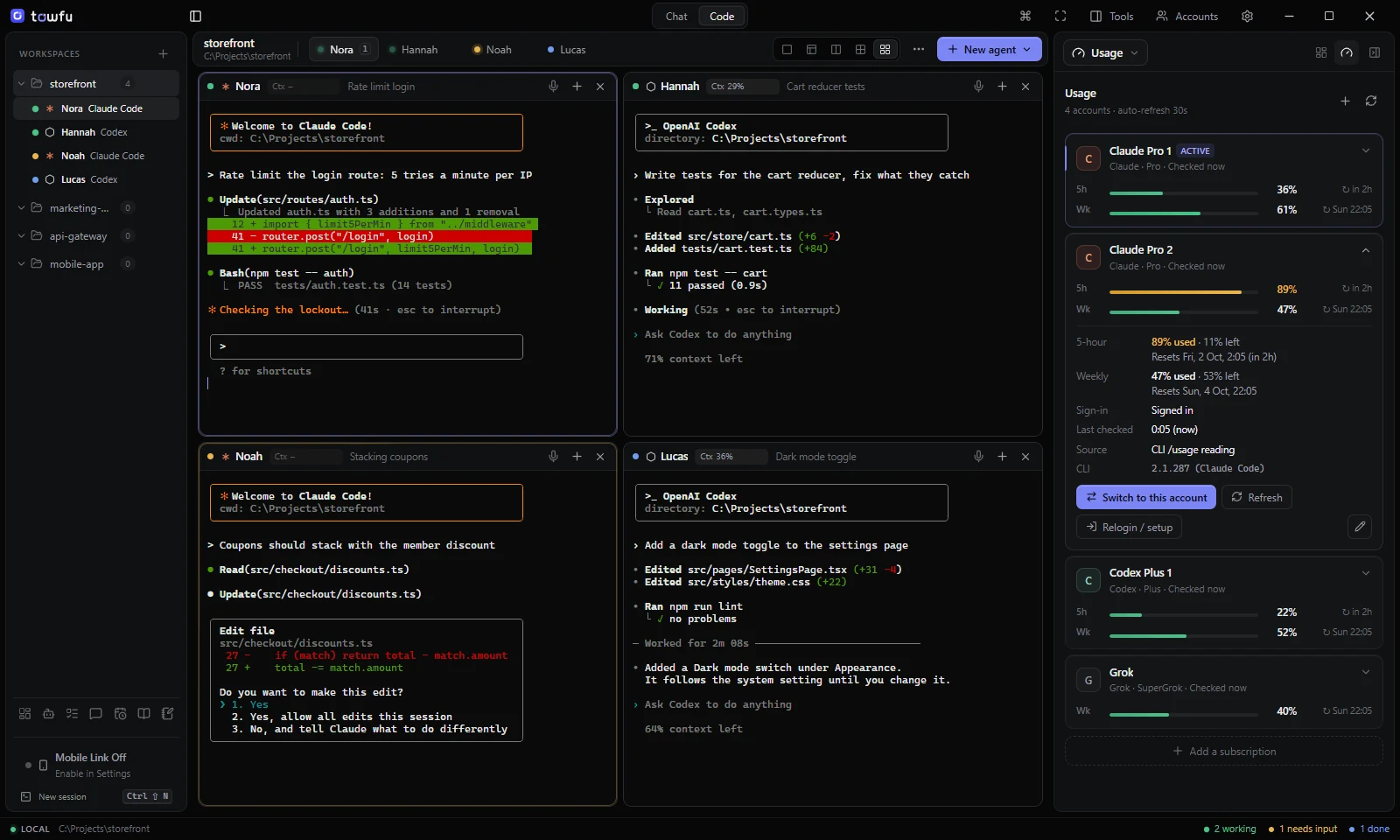Towfu's Usage panel: four accounts with five-hour and weekly bars, Grok showing its weekly limit only, and one account opened to show reset times, sign-in state and the CLI version.